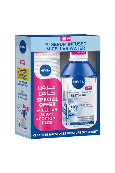 NIVEA Micellar Water Restoring With 5% Serum 400 ml + Cotton Pads