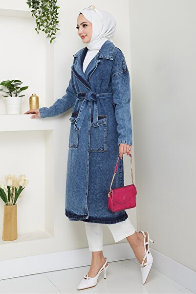 Bestenur Zeyal Kuşaklı Kot Trenç 1434 - Mavi