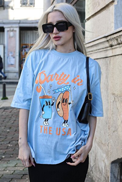 Madmext Ice Blue printed Crew Neck Γυναικείο T-Shirt Mg1777