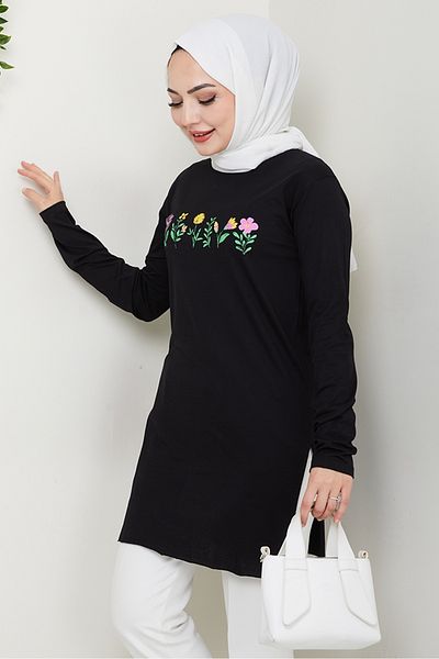 Bestenur Μοτίβο λουλουδιών Hijab Tunic 1425 - Μαύρο