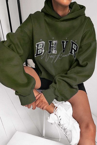 Madmext Mad Girls Khaki Embroidered Hooded Sweatshirt Mg812