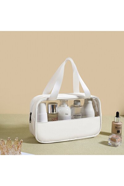 Flippy Cosmetic Bag, PVC/Textile, Waterproof, Portable, 26 x 15 x 10 cm, White