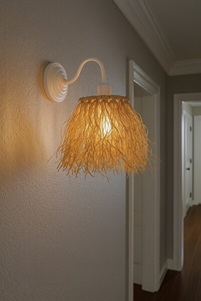 oceanpoint Doğal Rafya Duvar Apliği, Beyaz Metal Gövdeli, El Yapımı Dekoratif Işık, Bohem Tarz Aydınlatma, 27cm