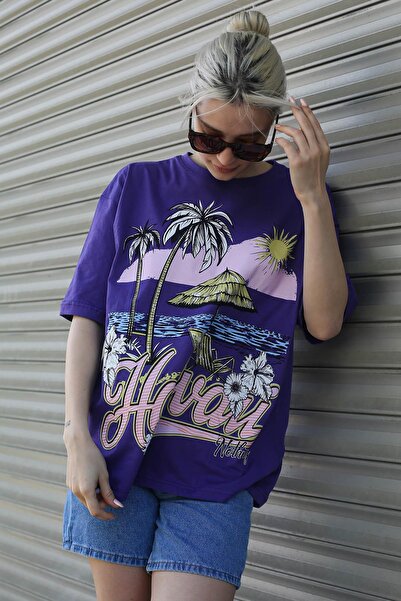 Madmext Purple Printed Crew Neck Women's T-Shirt Mg1765