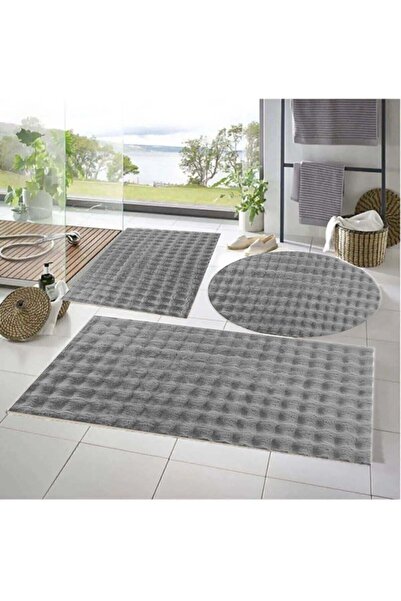 Raschel Carpet Balat Halı 3'lü Kaymaz Taban Bubble Peluş Banyo Paspası Açık Gri 50x50(YUVARLAK)-50x50 Ve 50x70