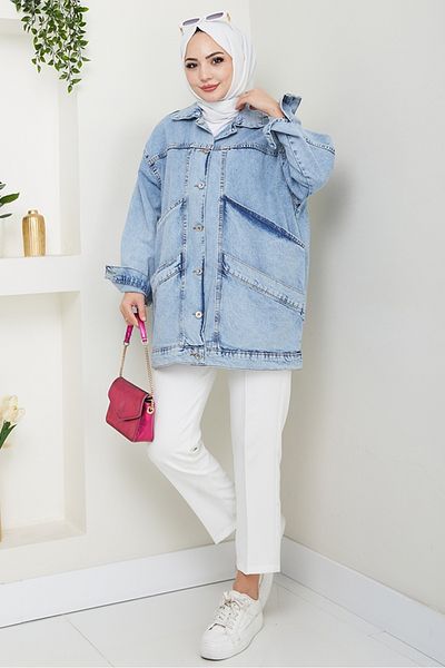 Bestenur Τζιν μπουφάν Oversize με διπλή τσέπη 1436 - Ice Blue