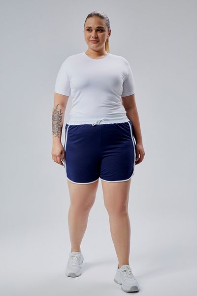 BANEGA Curve Plus Size Women's Piping Detailed Knitted 100% Cotton High Waist Navy Blue Shorts & Bermuda