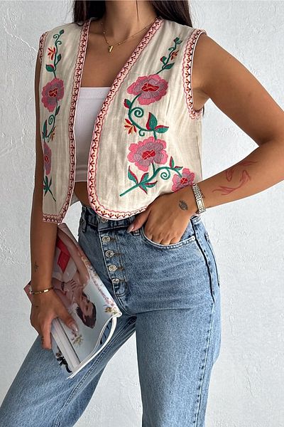 Namaste Vintage Beige Vintage Model Crop Vest with Flower Embroidery (100% Cotton)