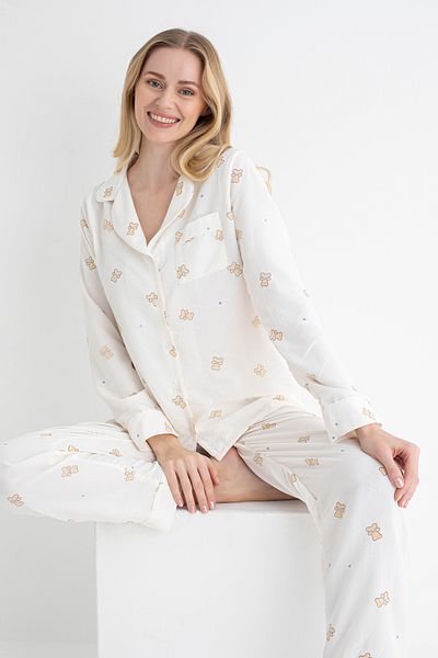 DOFİ Dofi Women Ecru Bear Patterned Pajamas Set Long Sleeve, Buttoned, Aerobin Fabric