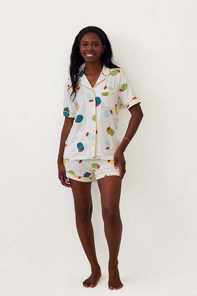 Katia&Bony Set de pijamale pentru damă, cu model de lămâie, cu nasturi, cu pantaloni scurți