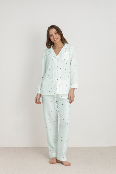 DOFİ Dofi Kadın Su Yeşili Papyon Desenli Pijama Takımı Uzun Kollu, Düğmeli, Cep ve Manşet Detaylı