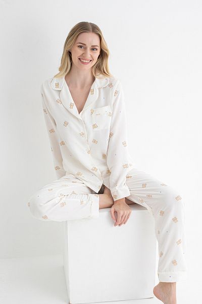 DOFİ Dofi Women Ecru Bear Patterned Pajamas Set Long Sleeve, Buttoned, Aerobin Fabric