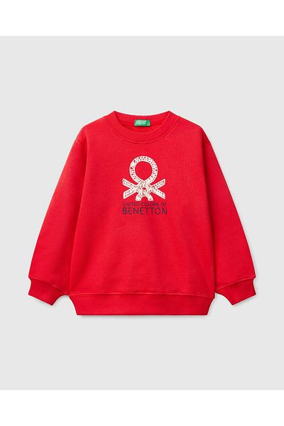 United Colors of Benetton Момчешки суитшърт с кръгло деколте и лого на Benetton в червен цвят