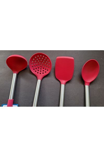 IVORY Set of 4 Fireproof Non-Stick Steel Handle Silicone Spoon, Colander, Spatula, Scoop