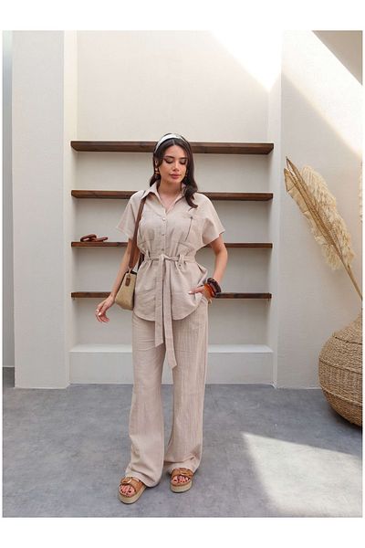 ESRAHELVACI Belted Linen Suit with Front Pocket