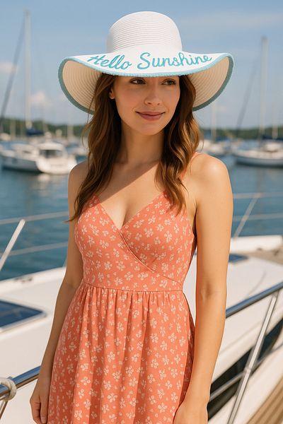 LAGRANZE Hello Sunshine Text Detailed Straw Hat Beach Hat