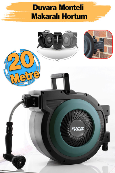 Rico Duvara Monteli 180° Döner Makaralı Hortum Seti Bahçe Su Hortumu 1/2 Sula...