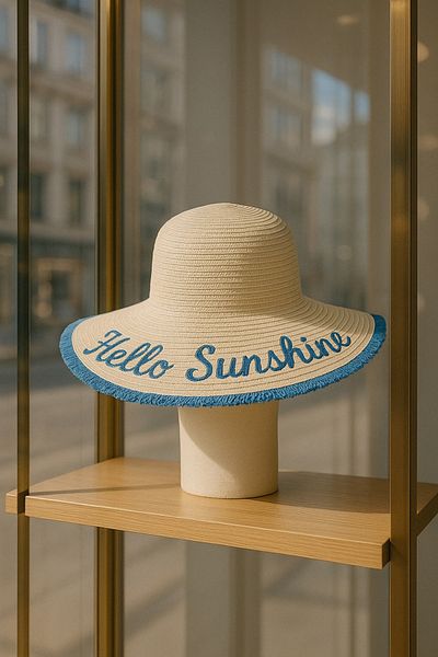 LAGRANZE Hello Sunshine Text Detailed Straw Hat Beach Hat