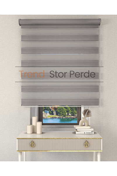 TREND STOR PERDE Geniş Plise Gri Etek Dilimsiz Zebra Stor Güneşlik Perde