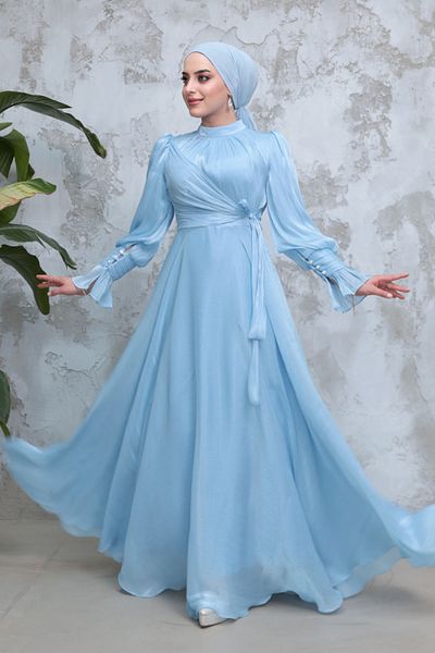 Neva Style Hijab Evening Dress - Baby Blue Hijab Evening Dress with Lacing Detail 48051Bm
