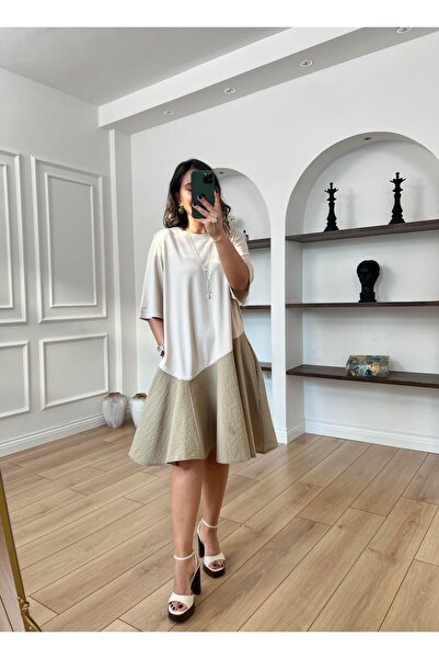 kubraozbeybutik Tasarım Modal ve Parasut Detaylı Bej Elbise