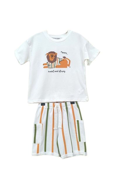 wakawakakidsstore Set pantaloni scurți pentru băiat cu imprimeu Sweet And Strong" Lion - Ecru