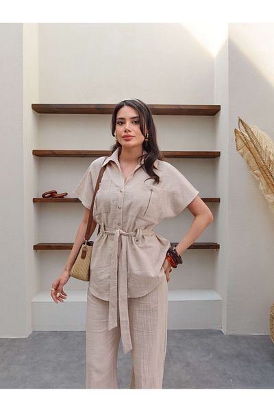 ESRAHELVACI Belted Linen Suit with Front Pocket