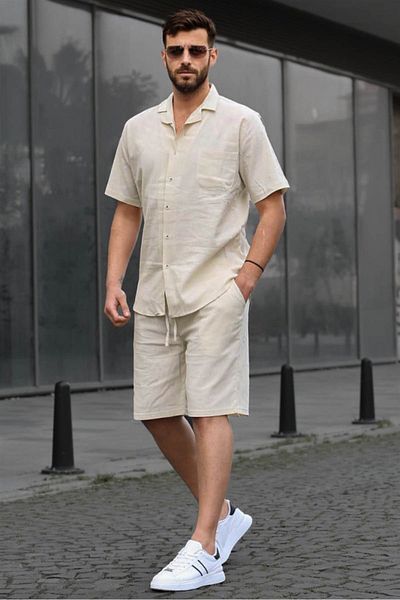 Madmext Ανδρικό Σετ Πουκάμισο Μπεζ Basic Oversize 5588