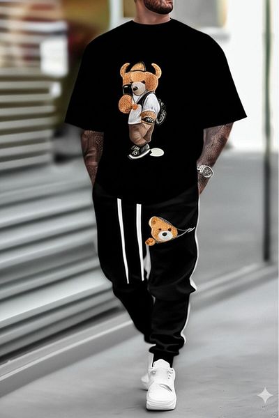 NO 601 Men's Black Selfie Teddy Bear Printed T-Shirt Black Side White Skinny Leg Sweatpants Set