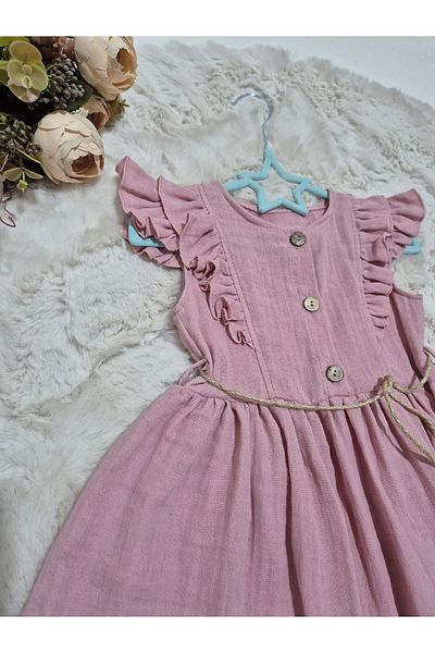 Şenkız Rochie pentru fete, 100% bumbac, țesătură muselină, cu mânecă scurtă, confortabilă, ocazională, cu detaliu cu nasturi