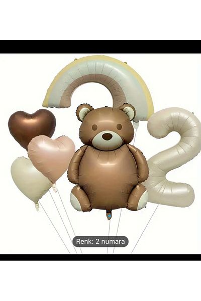 Çemrek Süs Parti Retro Bear Rainbow Heart Number Age Foil Balloon Set of 6