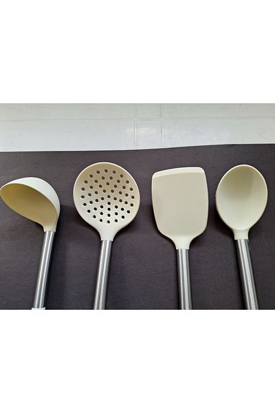 IVORY Set of 4 Fireproof Non-Stick Steel Handle Silicone Spoon, Colander, Spatula, Scoop