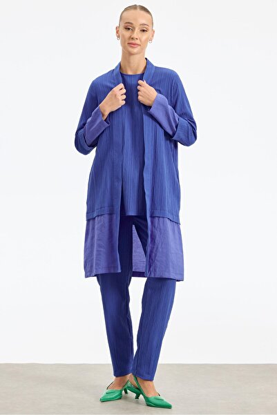 Tığ Triko Triko Çınar Yaprağı İşlemeli Pantolonlu 3 lü Takım - Saks