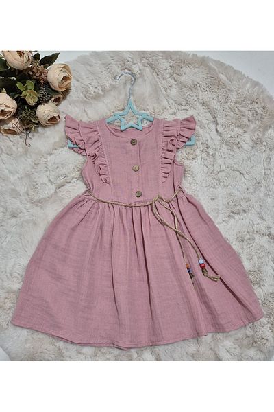 Şenkız Rochie pentru fete, 100% bumbac, țesătură muselină, cu mânecă scurtă, confortabilă, ocazională, cu detaliu cu nasturi