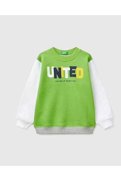 United Colors of Benetton Boy's Pistachio Green Benetton Logo Printed Crew Neck Sweatshirt