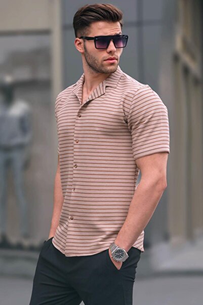 Madmext Ανδρικό κοντομάνικο πουκάμισο Camel ριγέ Slim Fit 5591