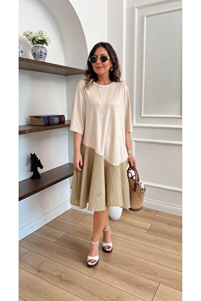 kubraozbeybutik Tasarım Modal ve Parasut Detaylı Bej Elbise