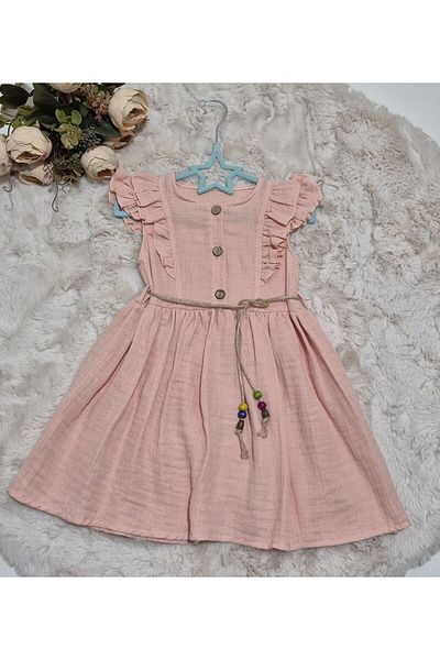 Şenkız Rochie pentru fete, 100% bumbac, țesătură muselină, cu mânecă scurtă, confortabilă, ocazională, cu detaliu cu nasturi