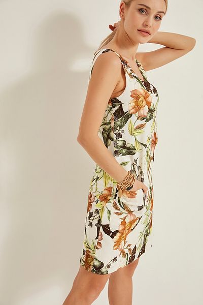 GAJA 5243 Women's Patterned Sleeveless Cotton Dress with Applique Front Pockets