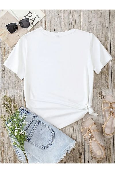 PENTHİLUS Flower and Feather Print T-Shirt, Casual Short Sleeve O Neck T-Shirt for Spring and Summer, Women's Clothing