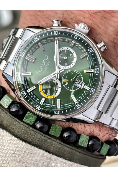 Ferrucci Silver-Green Color, Functions Active, Steel Cord, Vip Series Men Wristwatch Bracelet
