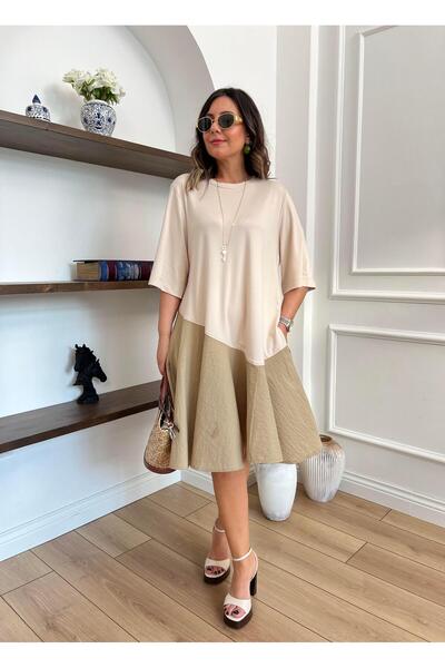 kubraozbeybutik Tasarım Modal ve Parasut Detaylı Bej Elbise