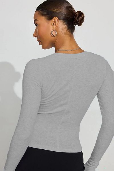 Madmext Grauer Camisole-Body mit V-Ausschnitt und langen Ärmeln und Knopfdetail MG2194