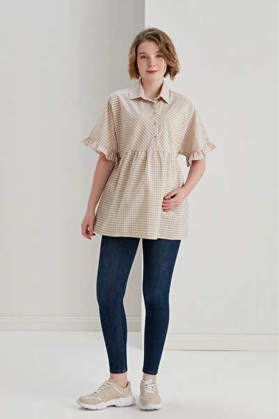 Işşıl Işşil B074-Mini Square Breastfeeding Detail Maternity Cotton Shirt