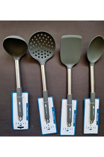 IVORY Set of 4 Fireproof Non-Stick Steel Handle Silicone Spoon, Colander, Spatula, Scoop