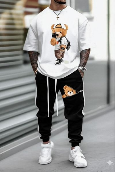 NO 601 Férfi fehér szelfi Teddy Bear nyomott póló fekete oldal fehér keskeny lábú melegítőnadrág szett
