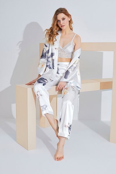 JENİKA Set de pijamale din 3 piese bustieră cu mâneci lungi din satin cu imprimeu floral