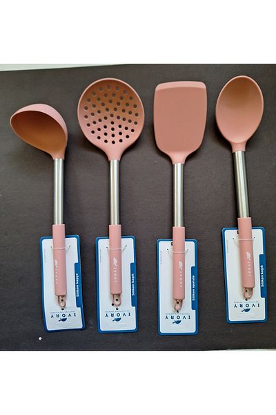 IVORY Set of 4 Fireproof Non-Stick Steel Handle Silicone Spoon, Colander, Spatula, Scoop