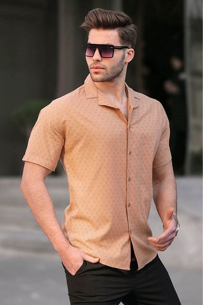 Madmext Camel Slim Fit 100% pamut rövid ujjú férfi ing 5585