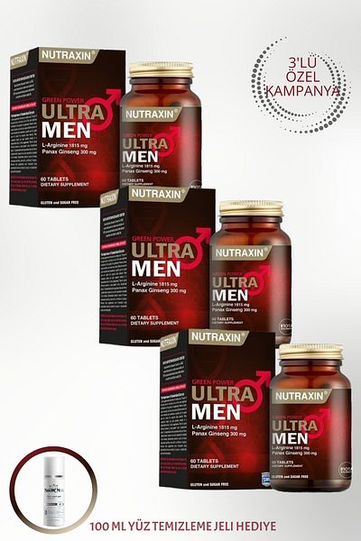 Nutraxin Ultra Men Green Power-Panex Ginsengi-L-Arginin 60 Tablets (3 Pcs) + 100 ml Face Cleaning Gel